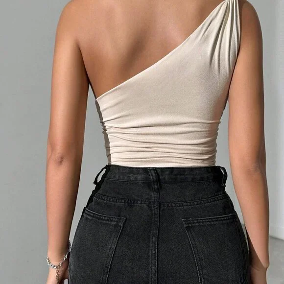 Apricot Casual Women's Solid Color Asymmetrical Neck Knotted Pleated Bodysuit - Picture 3 of 8